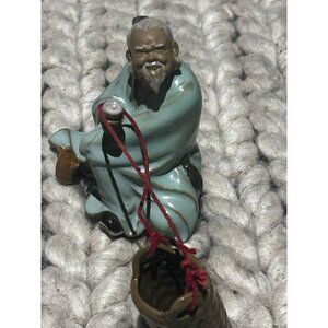 Vintage Shiwan Pottery Figurine Of Chinese Mudman Drinking Tea Light Green
